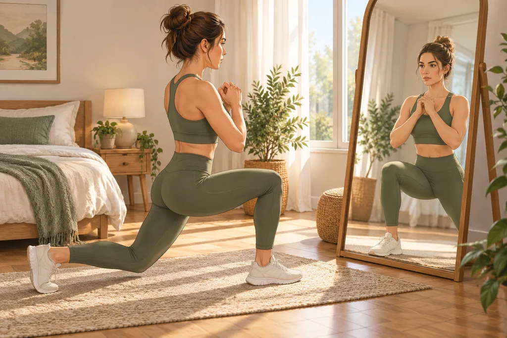 Un adulte s'observe dans un miroir pendant un exercice de renforcement à domicile.