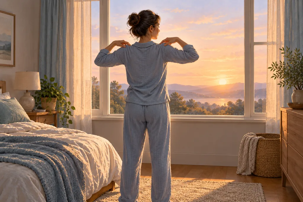 Une personne fait des rotations d'épaules à côté de son lit, dans la lumière du matin.