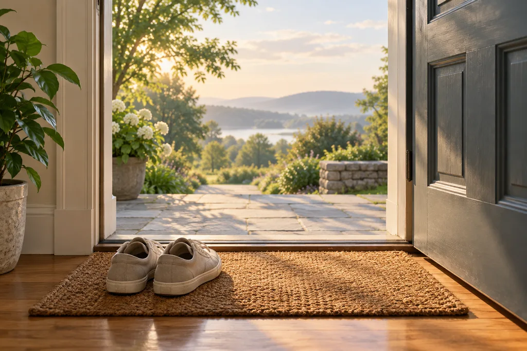 Une paire de baskets neuves posée devant une porte d'entrée, prête pour une première sortie.